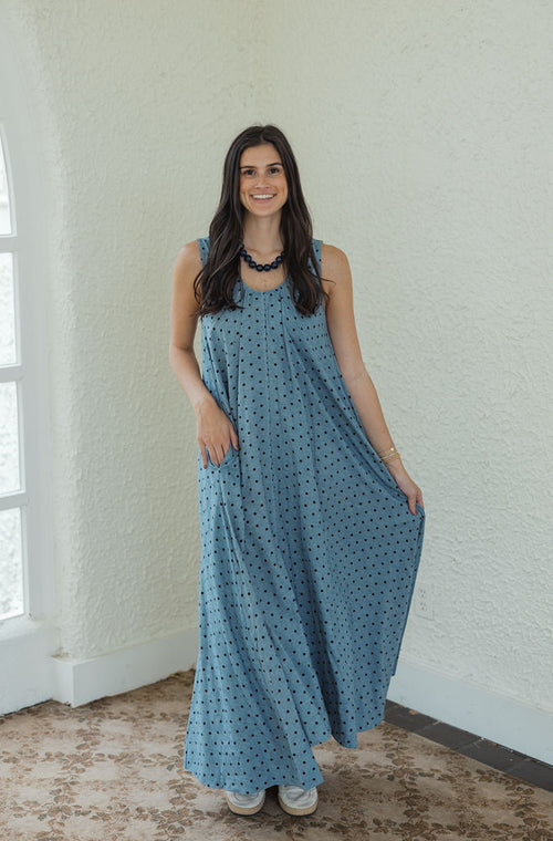Karlie Denim Polka Dot Scoop Maxi Dress
