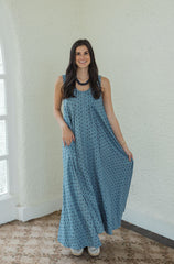 Karlie Denim Polka Dot Scoop Maxi Dress