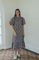 Karlie Blue Stripe Floral Puff Sleeve Midi Dress