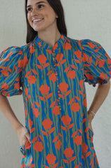 Karlie Blue Stripe Floral Puff Sleeve Midi Dress