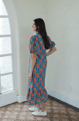 Karlie Blue Stripe Floral Puff Sleeve Midi Dress