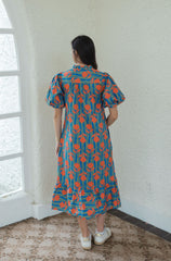 Karlie Blue Stripe Floral Puff Sleeve Midi Dress
