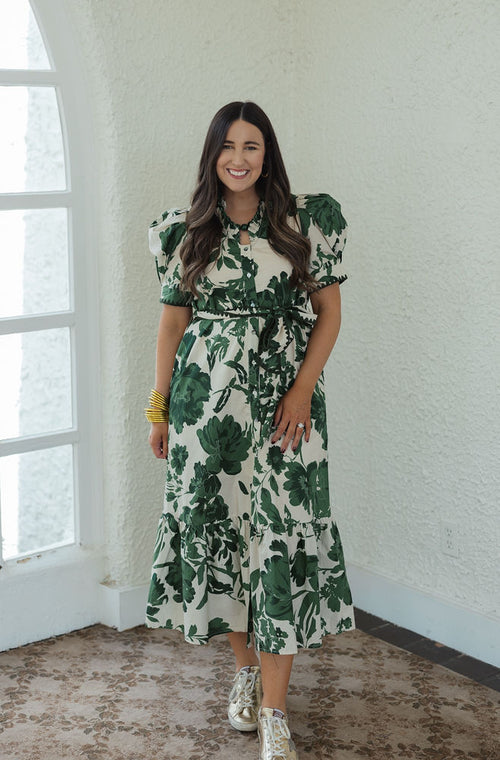 Entro Green Floral Puff Sleeve Midi Dress