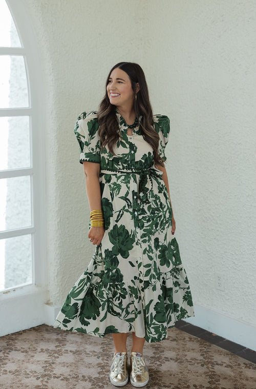 Entro Green Floral Puff Sleeve Midi Dress