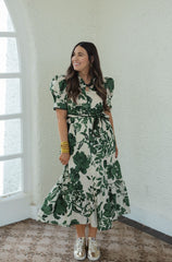 Entro Green Floral Puff Sleeve Midi Dress