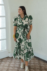 Entro Green Floral Puff Sleeve Midi Dress
