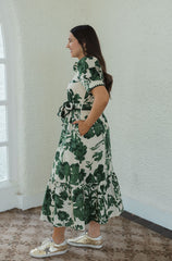 Entro Green Floral Puff Sleeve Midi Dress