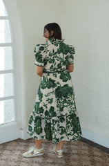 Entro Green Floral Puff Sleeve Midi Dress