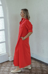 Karlie Poplin Ruffle Neck Maxi Dress in Red