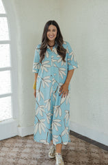 Karlie Palm Leaf Floral Maxi Dress in Blue