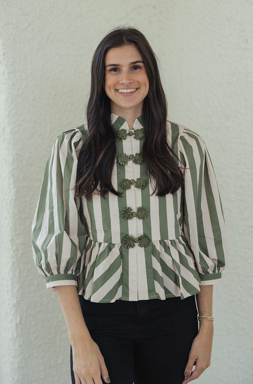 Entro Olive and White Stripe Peplum Top