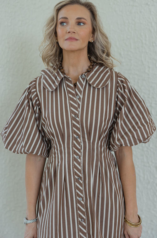 Karlie Stripe Scallop Puff Sleeve Shirt Dress in Brown