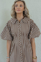 Karlie Stripe Scallop Puff Sleeve Shirt Dress in Brown