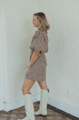 Karlie Stripe Scallop Puff Sleeve Shirt Dress in Brown