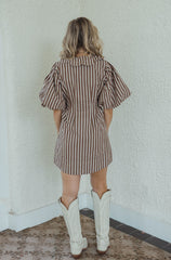 Karlie Stripe Scallop Puff Sleeve Shirt Dress in Brown