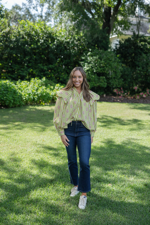 Karlie Stripe Floral Scalloped Collar Novelty Top