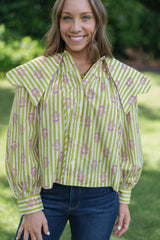 Karlie Stripe Floral Scalloped Collar Novelty Top