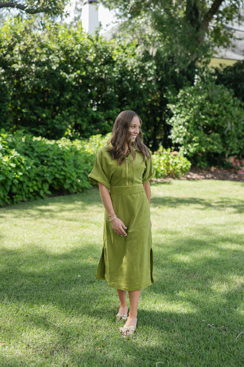 Emily McCarthy Sarah Corduroy Dress in Cardamom