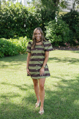The Olivia Brown and Green Stripe Puff Sleeve Mini Dress