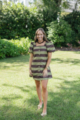 The Olivia Brown and Green Stripe Puff Sleeve Mini Dress