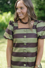 The Olivia Brown and Green Stripe Puff Sleeve Mini Dress