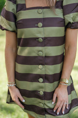 The Olivia Brown and Green Stripe Puff Sleeve Mini Dress