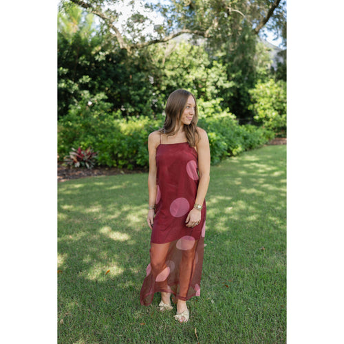 8-28-boutique:TCEC,The Kaitlin Polka Dot Sheer Overlay Maxi Dress in Cranberry,Dress
