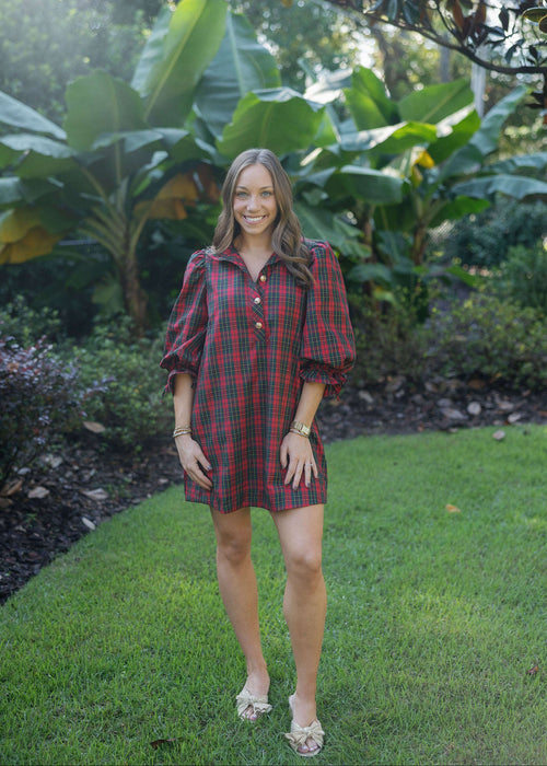 8-28-boutique:Entro,Entro Red Tartan Puff Sleeve Mini Dress,Dress