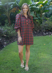 8-28-boutique:Entro,Entro Red Tartan Puff Sleeve Mini Dress,Dress