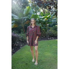 8-28-boutique:Entro,Entro Red Tartan Puff Sleeve Mini Dress,Dress