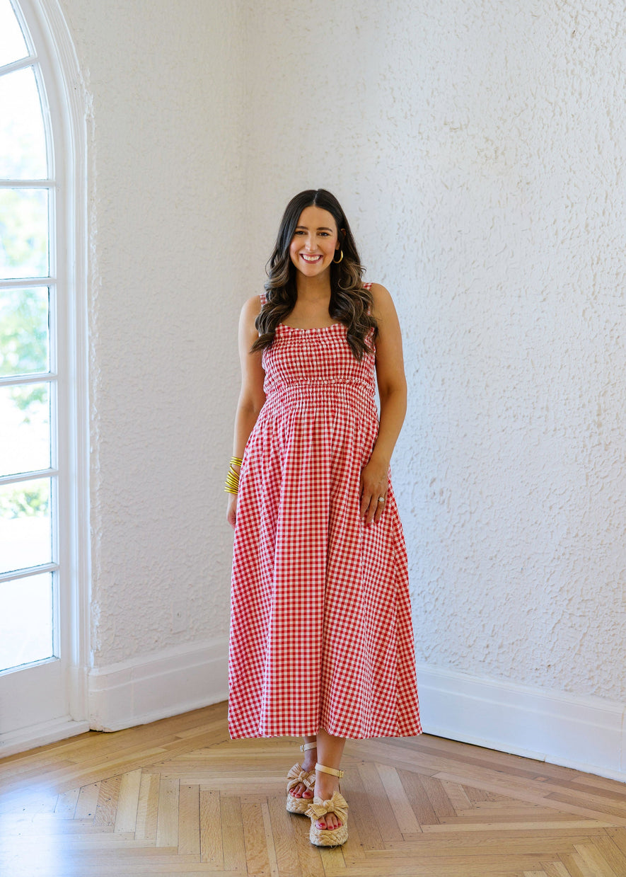 The Audrey Red and White Gingham Smocked Top Midi Dress – 8.28 Boutique