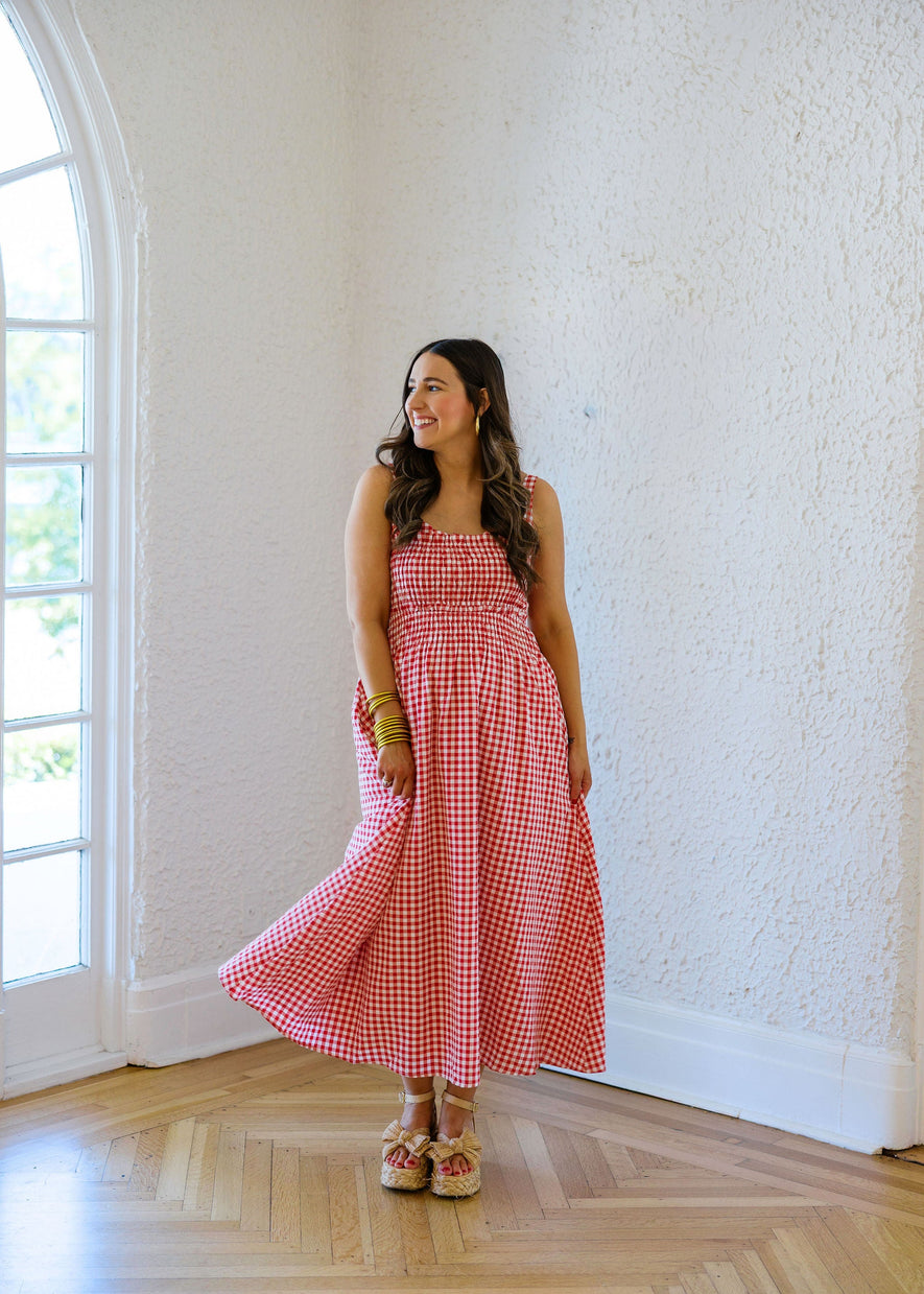 The Audrey Red and White Gingham Smocked Top Midi Dress