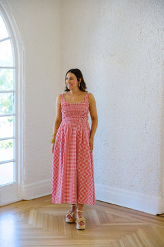 The Audrey Red and White Gingham Smocked Top Midi Dress – 8.28 Boutique