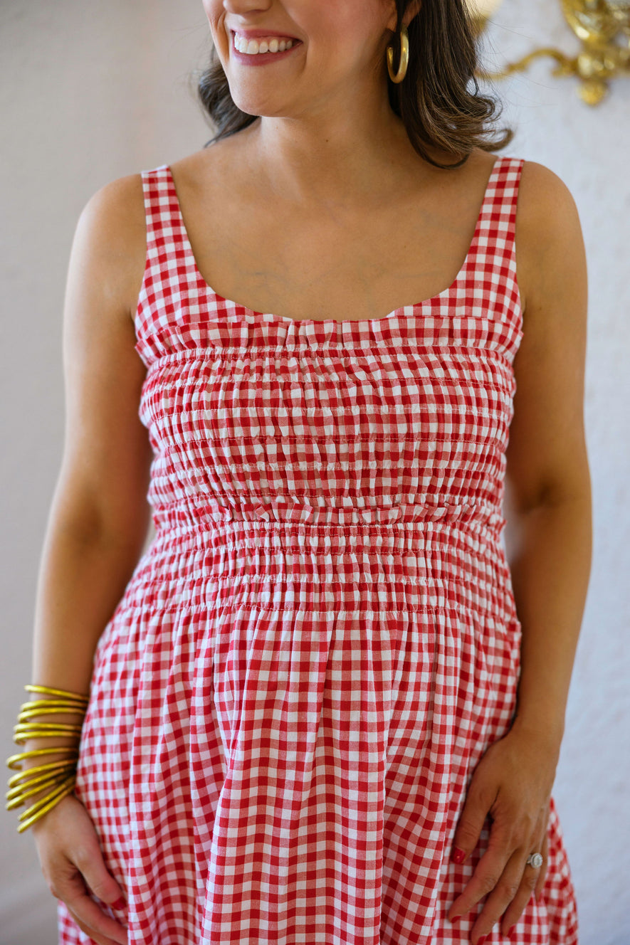 The Audrey Red and White Gingham Smocked Top Midi Dress – 8.28 Boutique