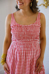 The Audrey Red and White Gingham Smocked Top Midi Dress