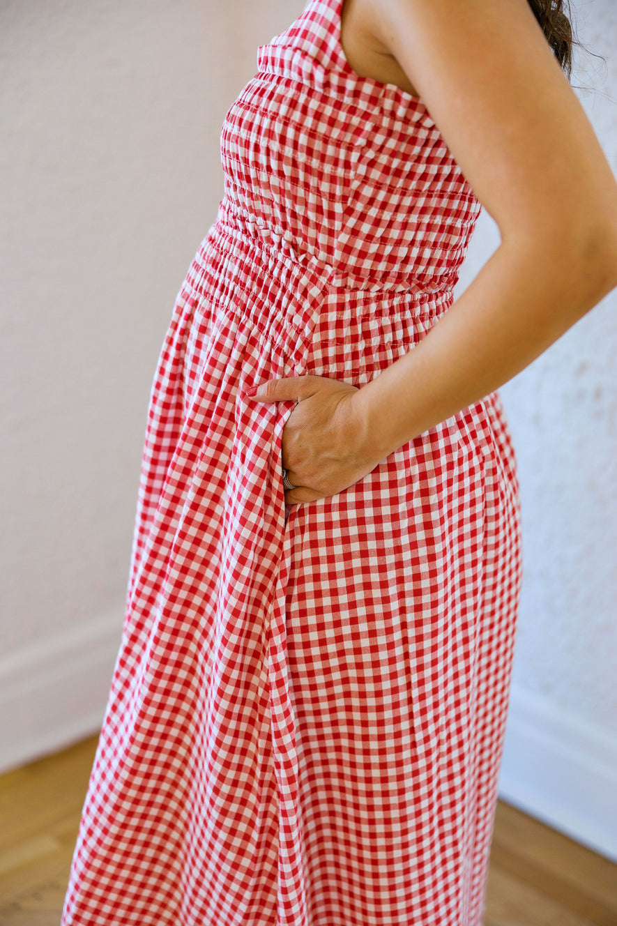 audrey smocked midi dress product info and reviews The Audrey Red and White Gingham Smocked Top Midi Dress