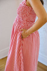 The Audrey Red and White Gingham Smocked Top Midi Dress
