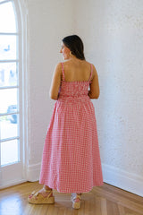 The Audrey Red and White Gingham Smocked Top Midi Dress
