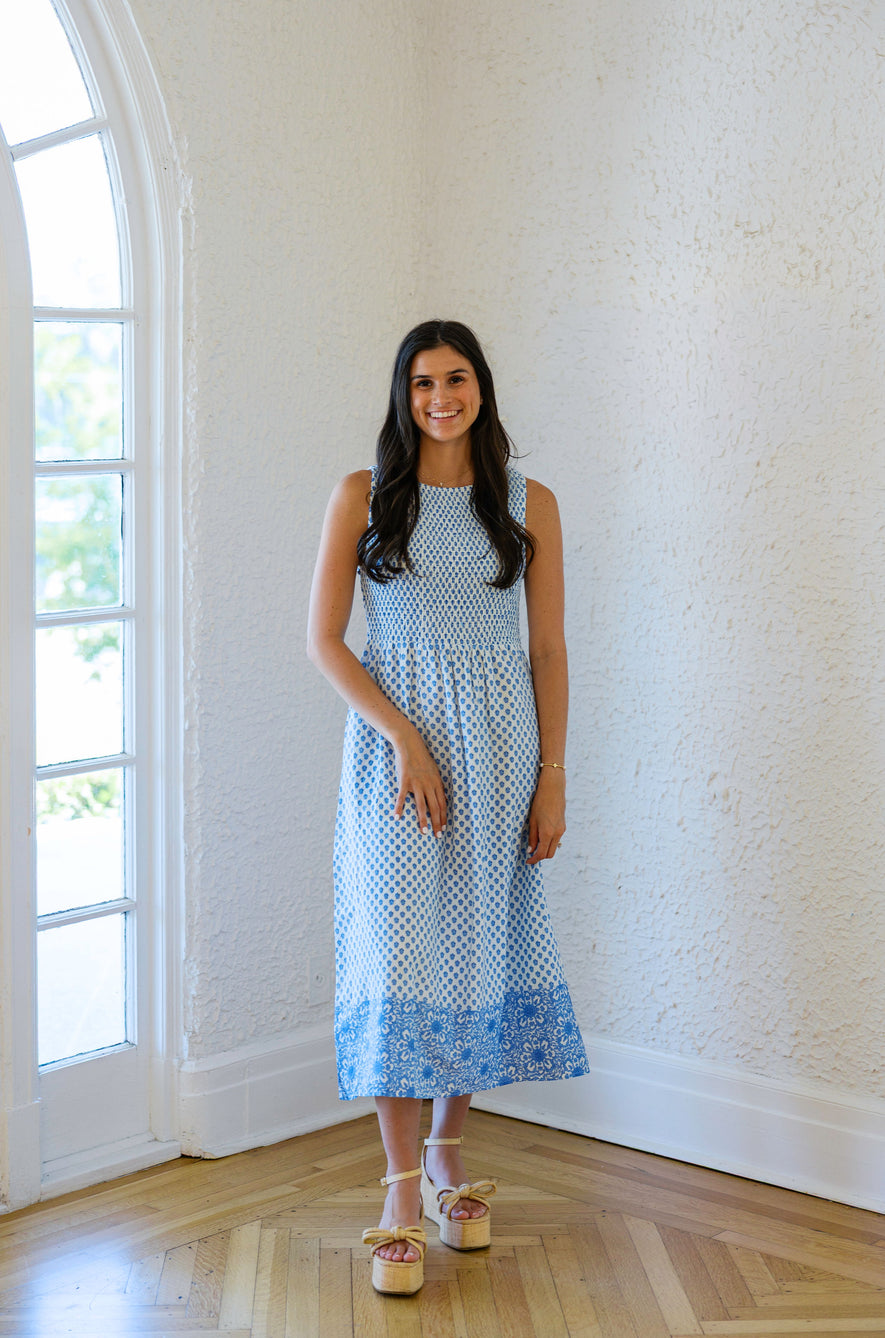 thml midi dress THML Blue Block Print Smocked Top Midi Dress, M / Blue