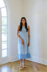 THML Blue Block Print Smocked Top Midi Dress