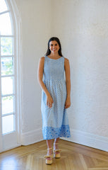 THML Blue Block Print Smocked Top Midi Dress
