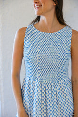 THML Blue Block Print Smocked Top Midi Dress