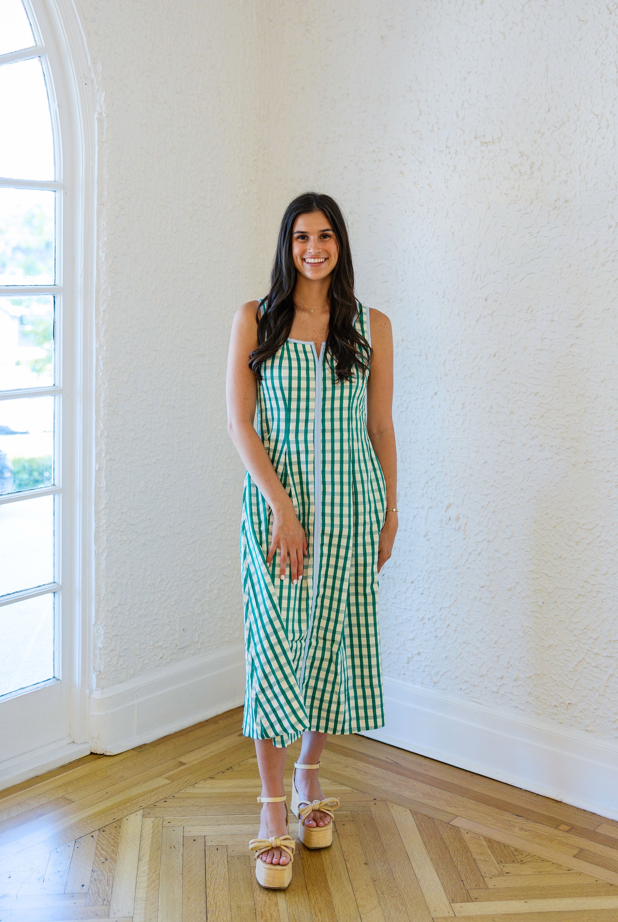 thml dress White Multi Contrast Print Smocked V Neck Cinch the waist with the tie belt and youve got yourself a look thats effortlessly chic for brunch THML | Striped Garden Dress