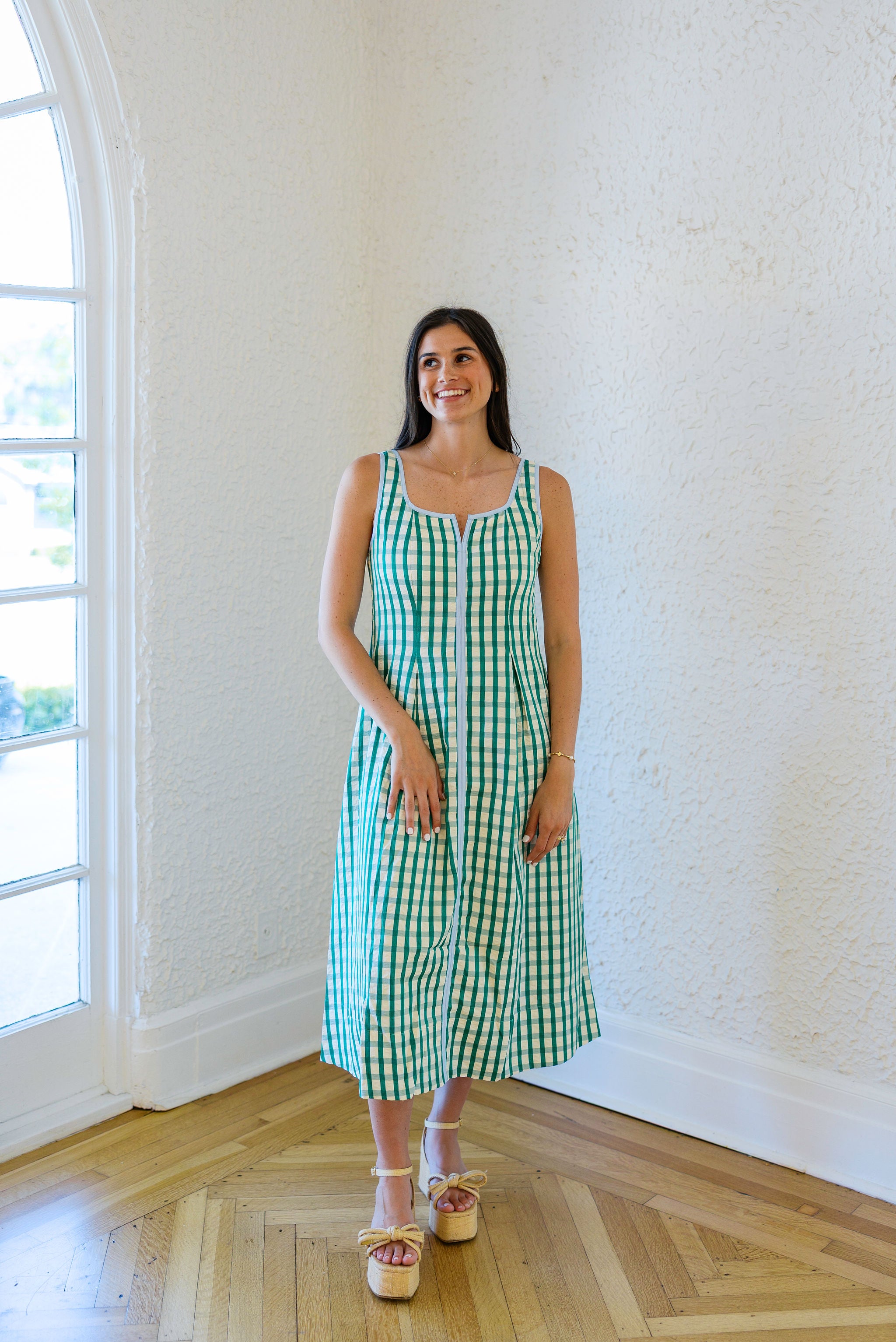 green and white gingham dress Women's Check Me Out Ruffle Collar Belted Maxi | Size: L Designed with a button Women's Talk Birdie to Me