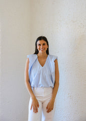 Karlie Blue Stripe V-Neck Poplin Bubble Top