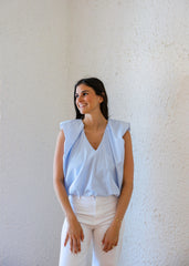 Karlie Blue Stripe V-Neck Poplin Bubble Top