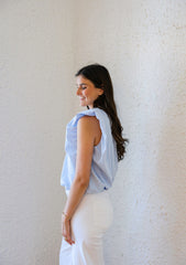 Karlie Blue Stripe V-Neck Poplin Bubble Top