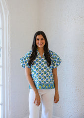 The Meredith Block Print Puff Sleeve Top