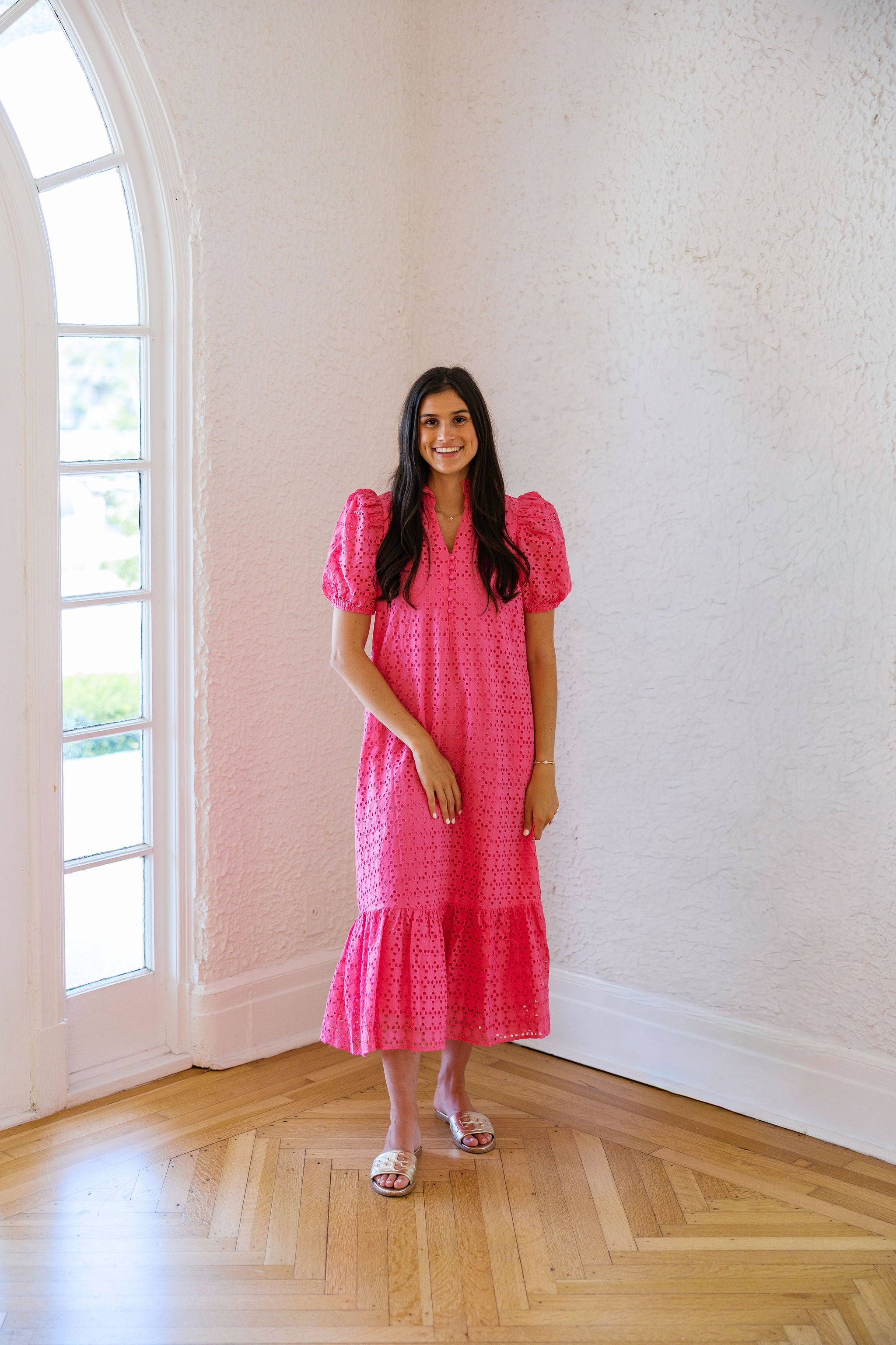 Entro Hot Pink Eyelet Midi Dress 8.28 Boutique Entro Hot Pink Eyelet Midi Dress 8.28 Boutique