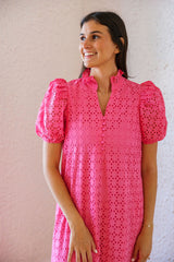 Entro Hot Pink Eyelet Midi Dress